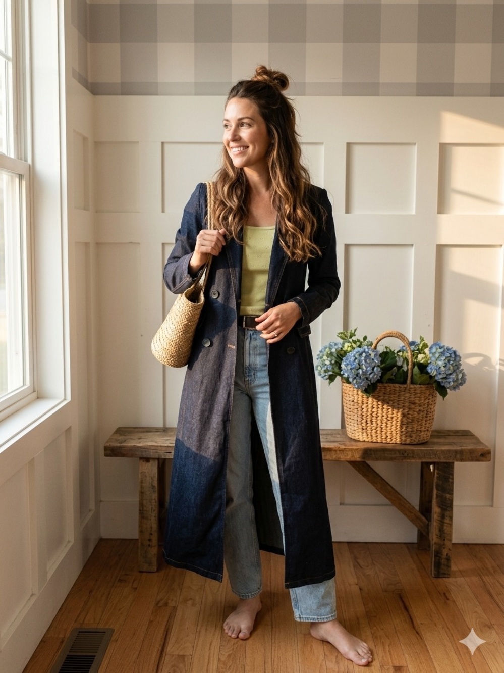 Avec Les Filles Dark Navy Long Denim Trench Coat with Button Front XS